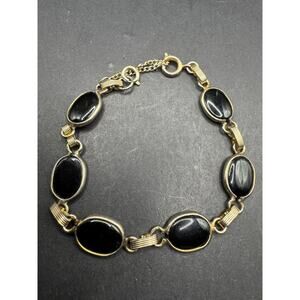 Vintage Gold Filled Black Onyx Oval Link Bracelet W/ Safety Chain Sz 7.25"